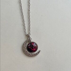 Silver and Red Crescent Moon Pendant Necklace